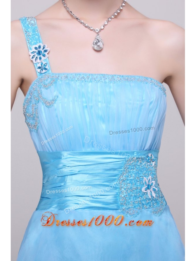 Single Shoulder High Low Ruching Organza Prom Gown in Aqua Blue