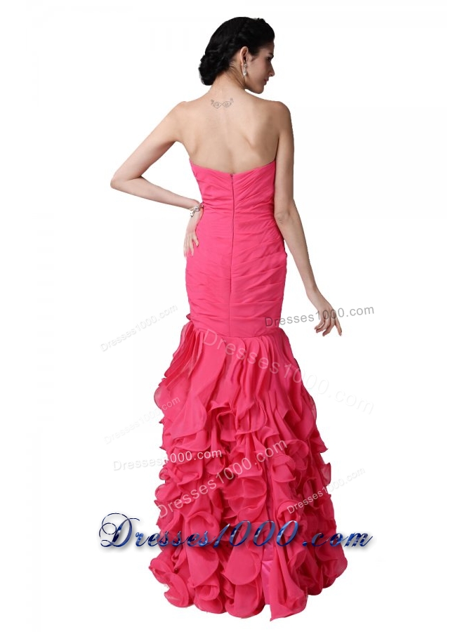 Mermaid Sweetheart Beading Ruffles Coral Red Prom Dress with High Slit