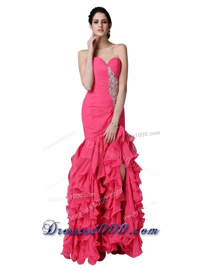 Mermaid Sweetheart Beading Ruffles Coral Red Prom Dress with High Slit