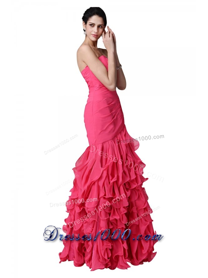 Mermaid Sweetheart Beading Ruffles Coral Red Prom Dress with High Slit