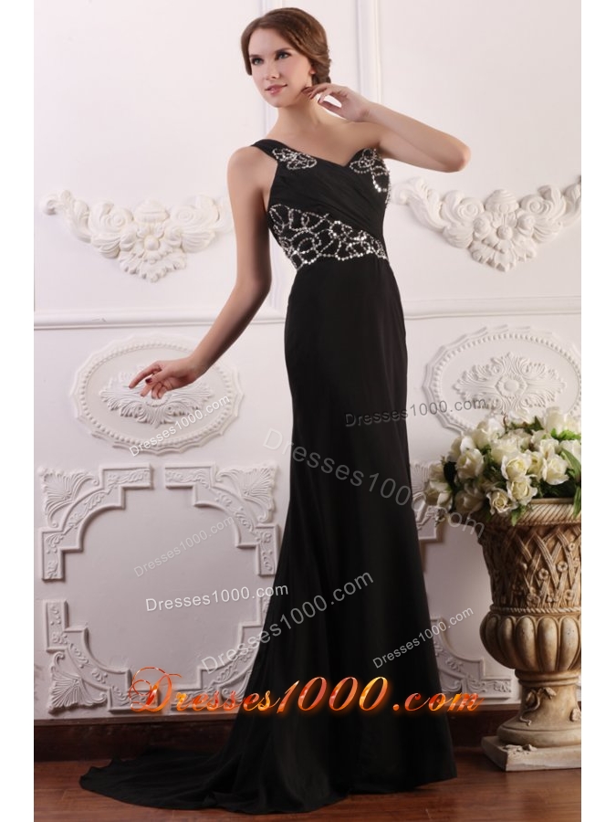 Paillettes Decorated One Shoulder Black Brush Train Prom Gown Dress