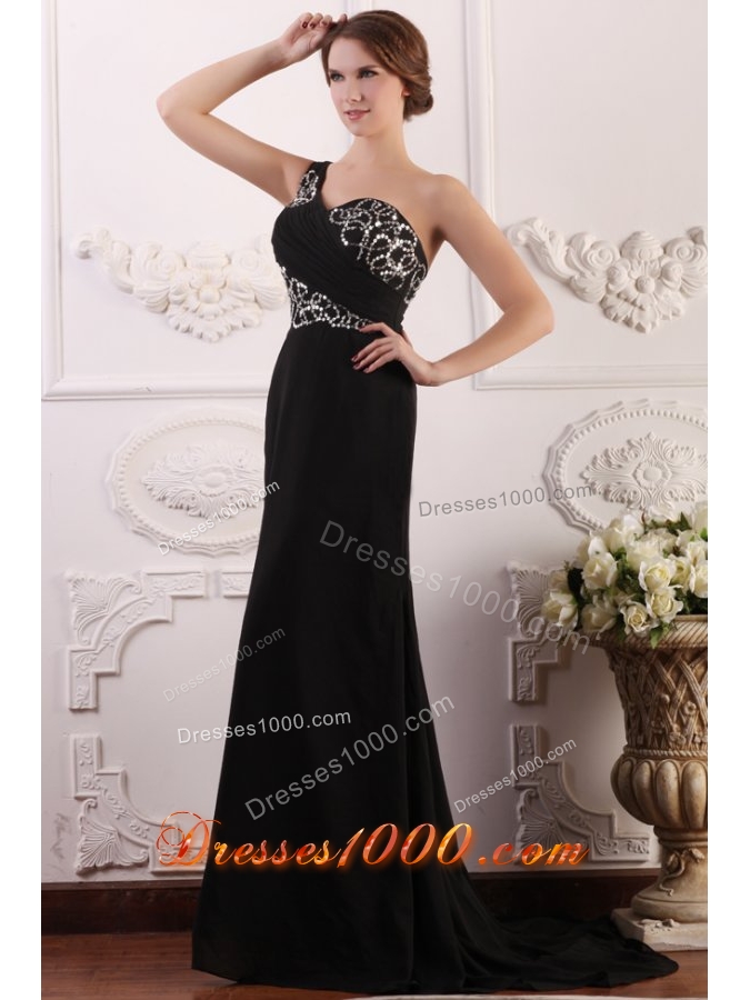 Paillettes Decorated One Shoulder Black Brush Train Prom Gown Dress