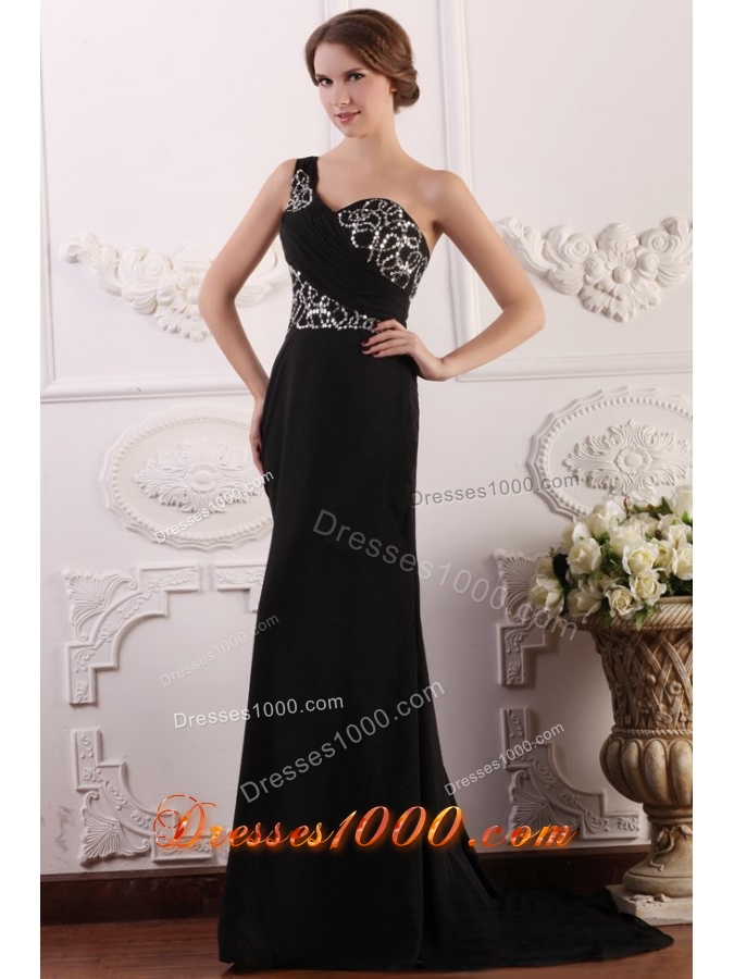 Paillettes Decorated One Shoulder Black Brush Train Prom Gown Dress