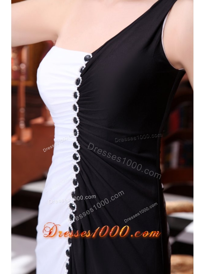 Black and White One Shoulder Full Length Prom Dresses with Beading