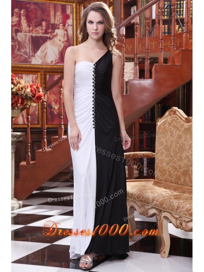 Black and White One Shoulder Full Length Prom Dresses with Beading
