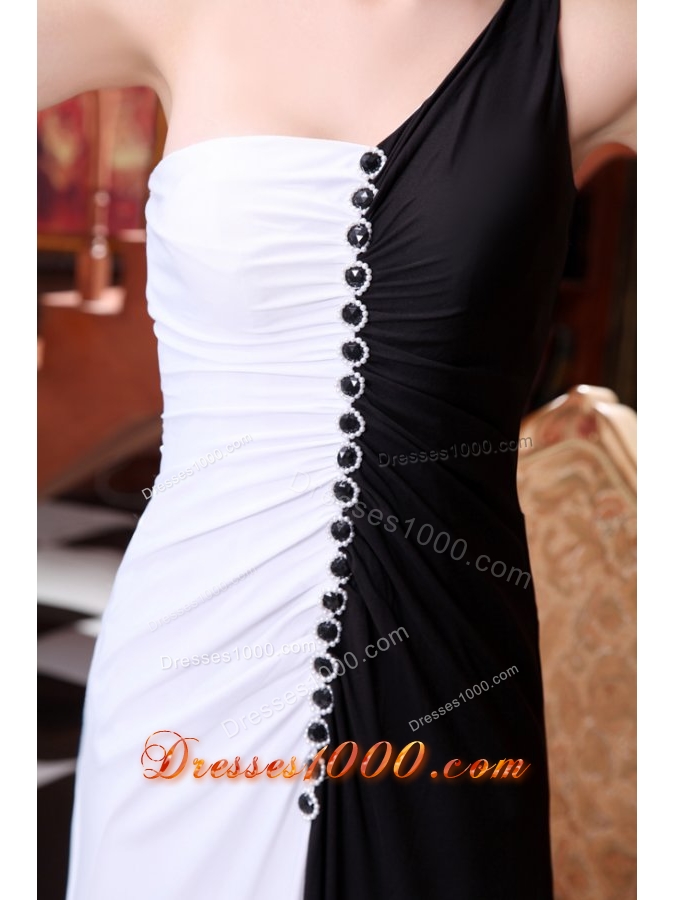 Black and White One Shoulder Full Length Prom Dresses with Beading
