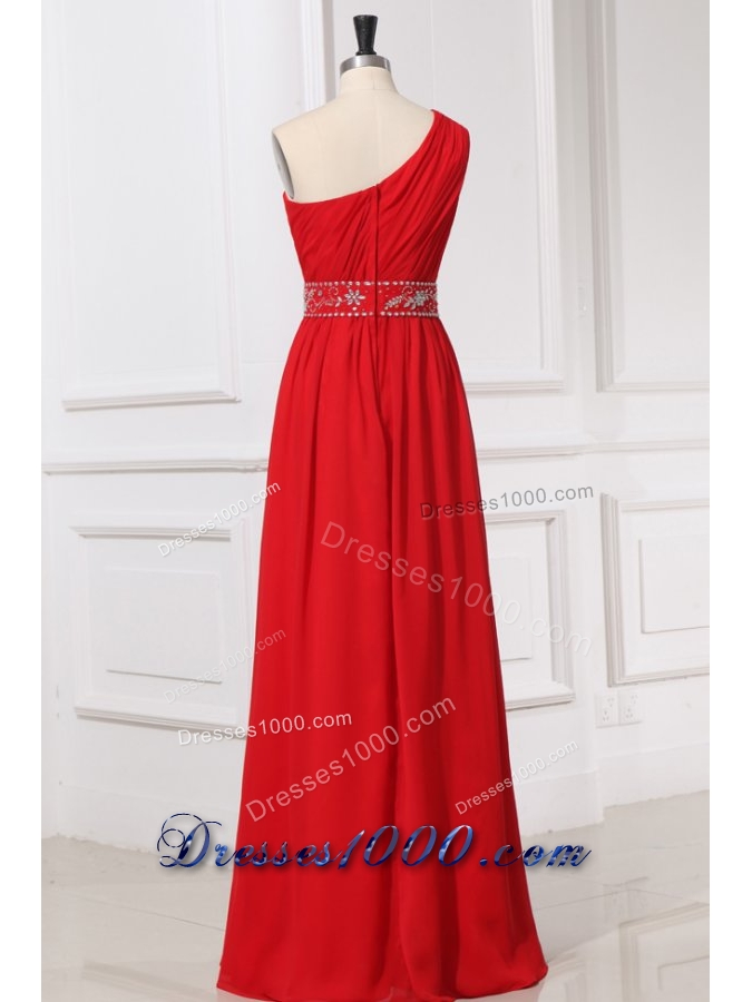 Single Shoulder Red Chiffon Prom Gown Dress with Beaded Waist