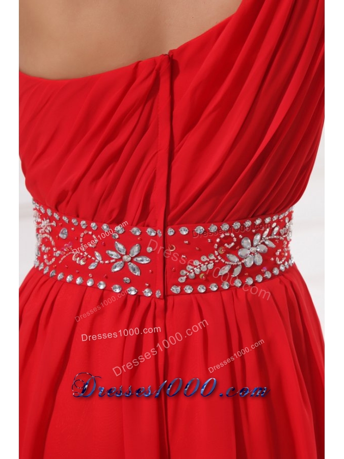 Single Shoulder Red Chiffon Prom Gown Dress with Beaded Waist