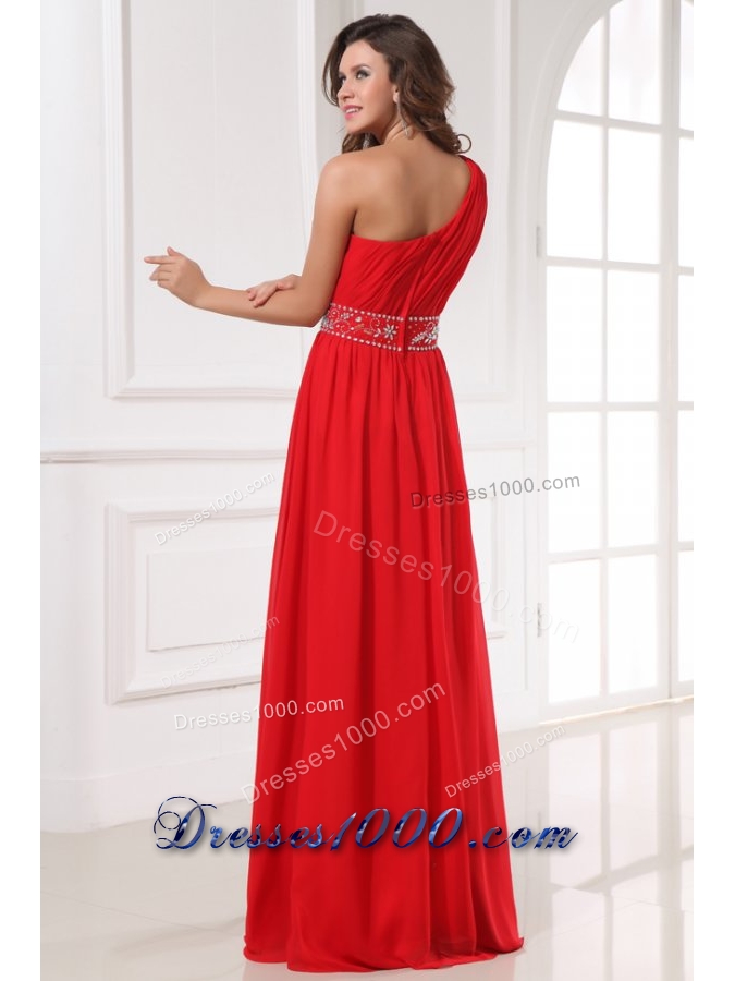 Single Shoulder Red Chiffon Prom Gown Dress with Beaded Waist