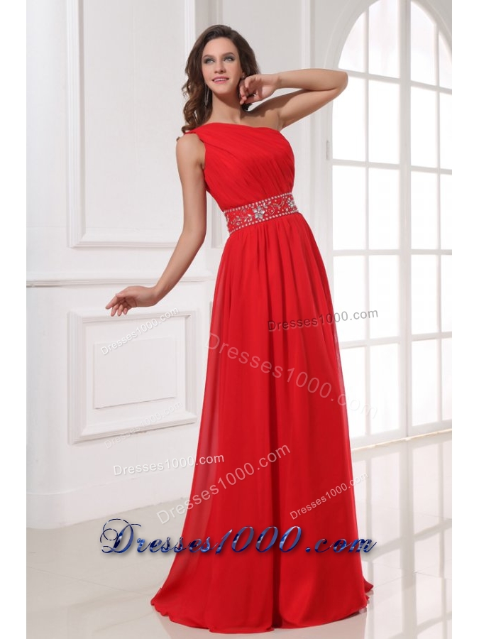 Single Shoulder Red Chiffon Prom Gown Dress with Beaded Waist