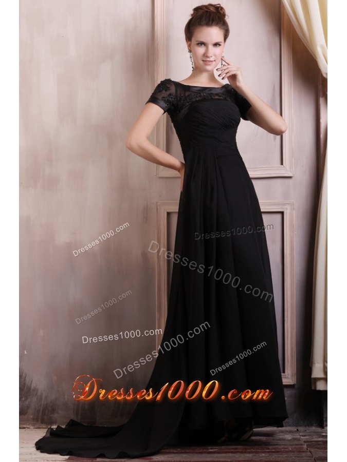 Short Sleeves Bateau Black Chiffon Prom Gowns with Brush Train