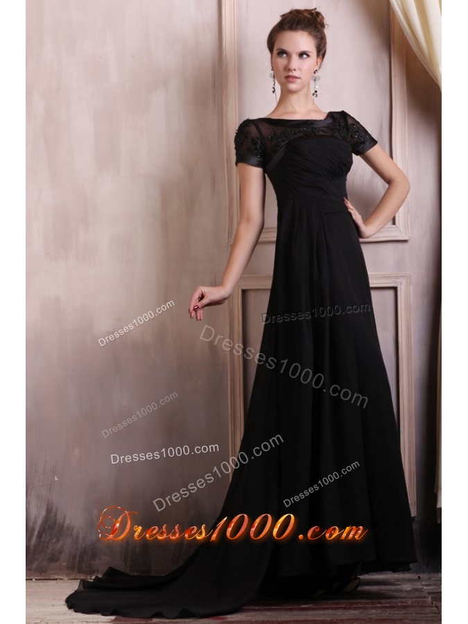 Short Sleeves Bateau Black Chiffon Prom Gowns with Brush Train