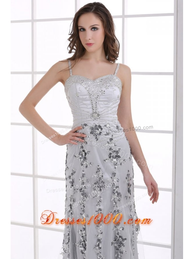 Fitted Silver Column Beading and Appliques Prom Evening Dress