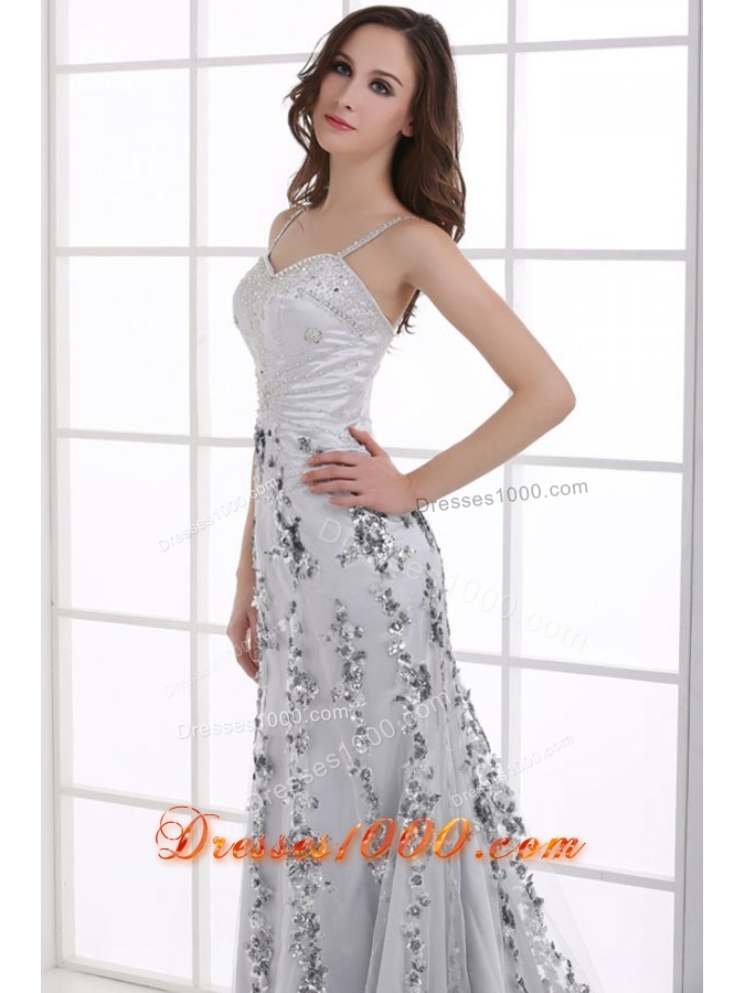 Fitted Silver Column Beading and Appliques Prom Evening Dress