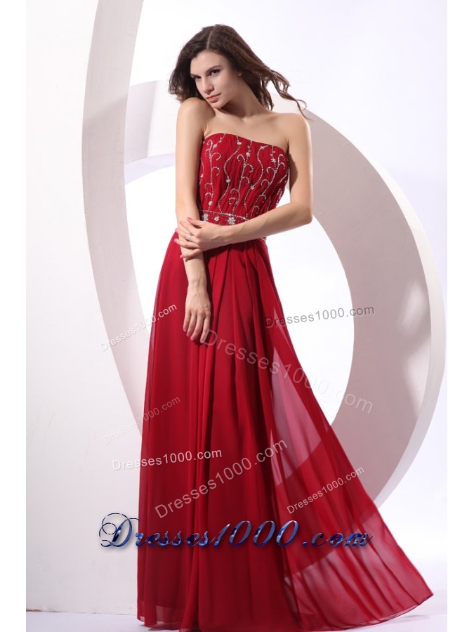 Strapless Beaded Decorate Floor-length Wine Red Prom Pageant Dress