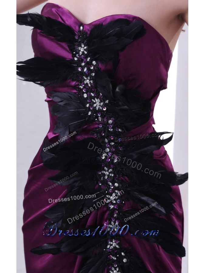 Beading and Feathers Sheath Sweetheart Purple Taffeta Prom Dresses