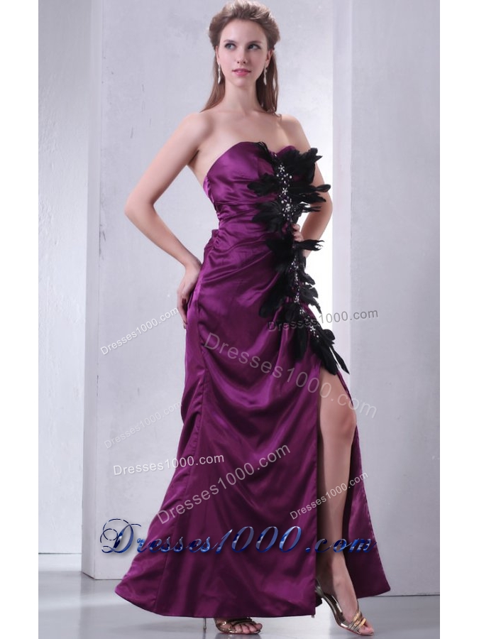 Beading and Feathers Sheath Sweetheart Purple Taffeta Prom Dresses