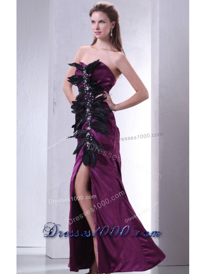 Beading and Feathers Sheath Sweetheart Purple Taffeta Prom Dresses
