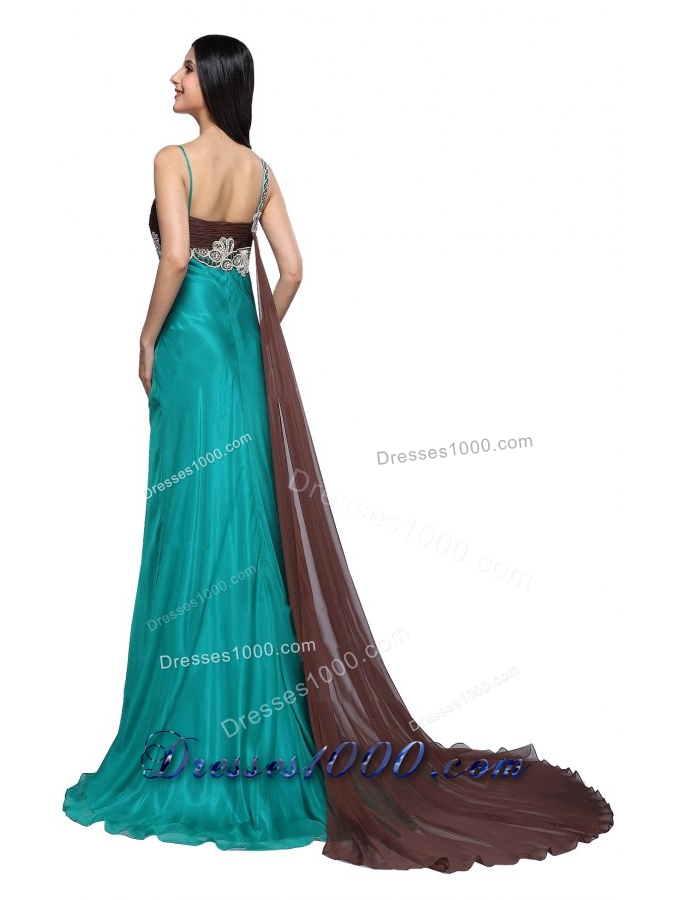 Spaghetti Strap Beading and Ruche Watteau Train Prom Evening Dress