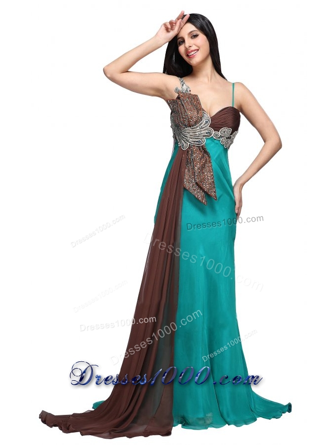 Spaghetti Strap Beading and Ruche Watteau Train Prom Evening Dress