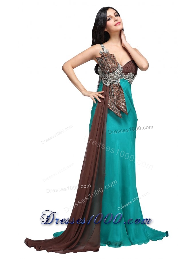 Spaghetti Strap Beading and Ruche Watteau Train Prom Evening Dress