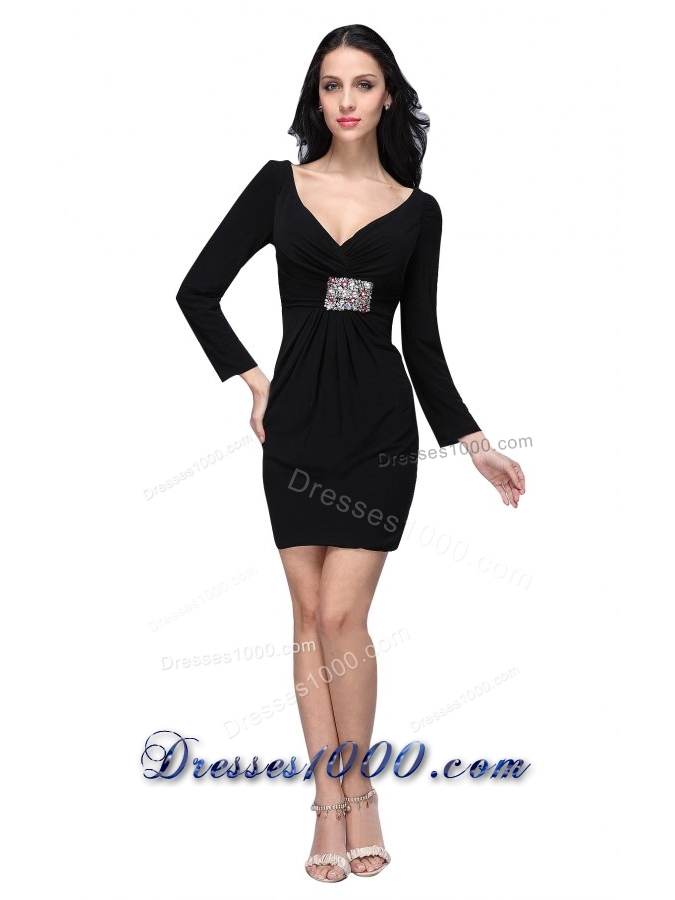 Black Mini-length Beaded Decorate Prom Dress with Long Sleeves