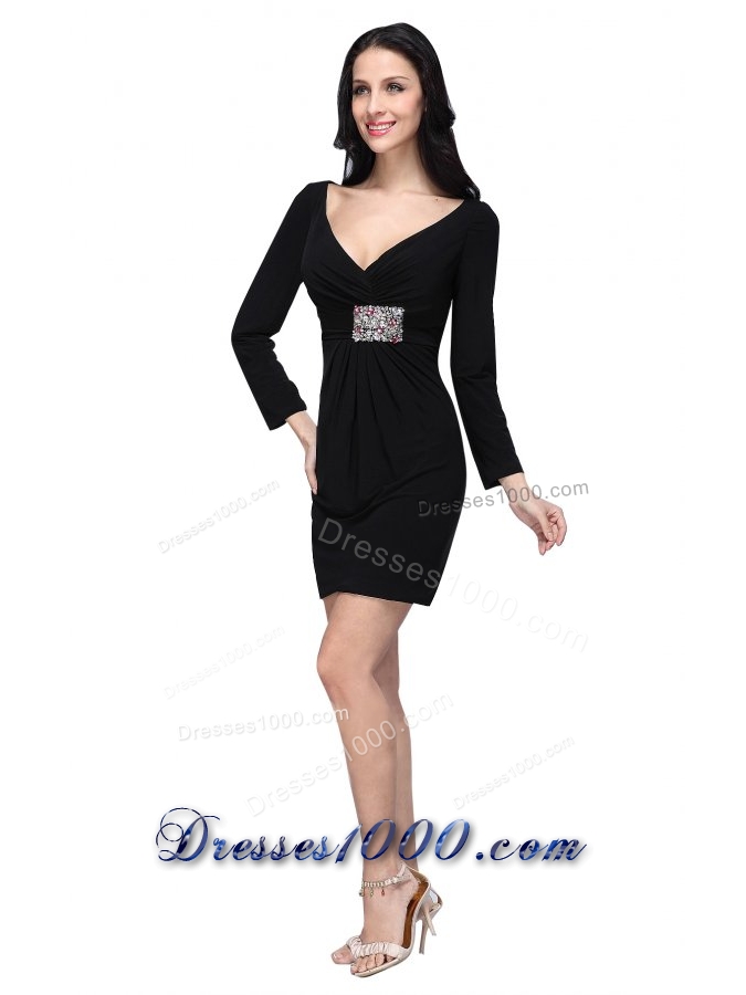 Black Mini-length Beaded Decorate Prom Dress with Long Sleeves