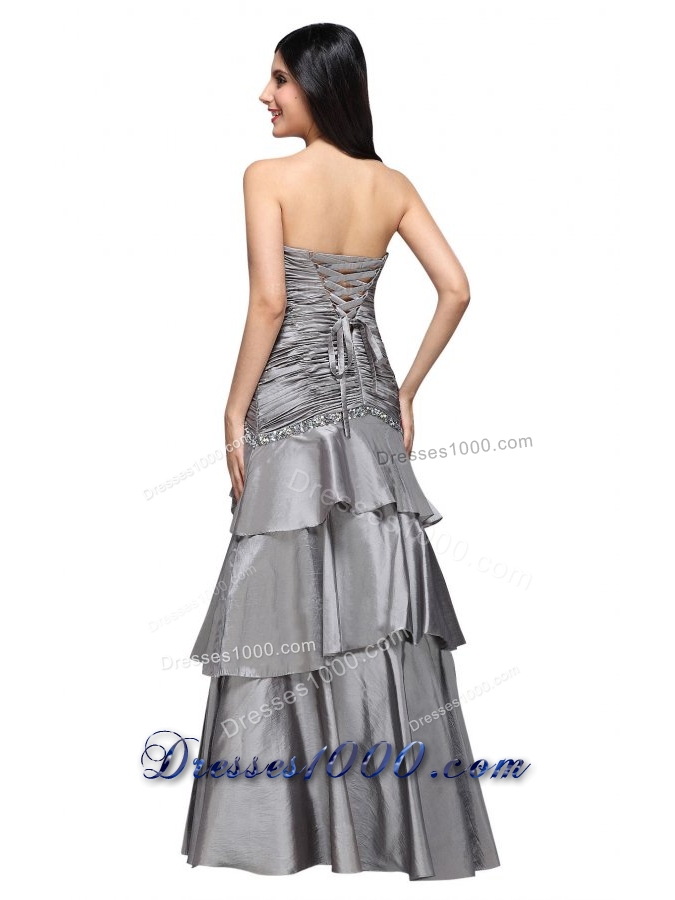 Gray Sweetheart Appliques and Ruche Ruffled Layers Prom Dress