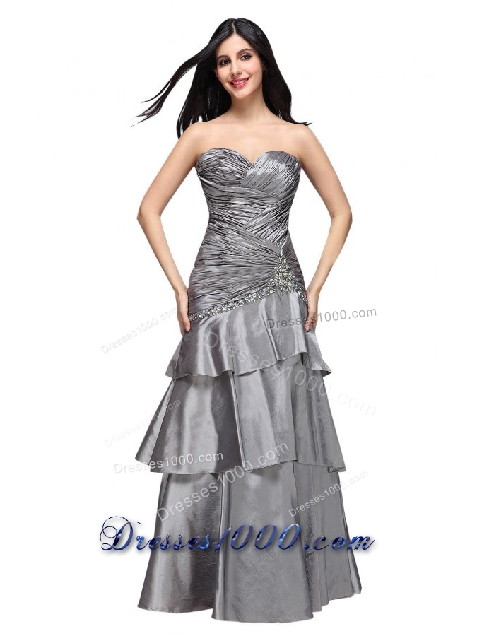 Gray Sweetheart Appliques and Ruche Ruffled Layers Prom Dress