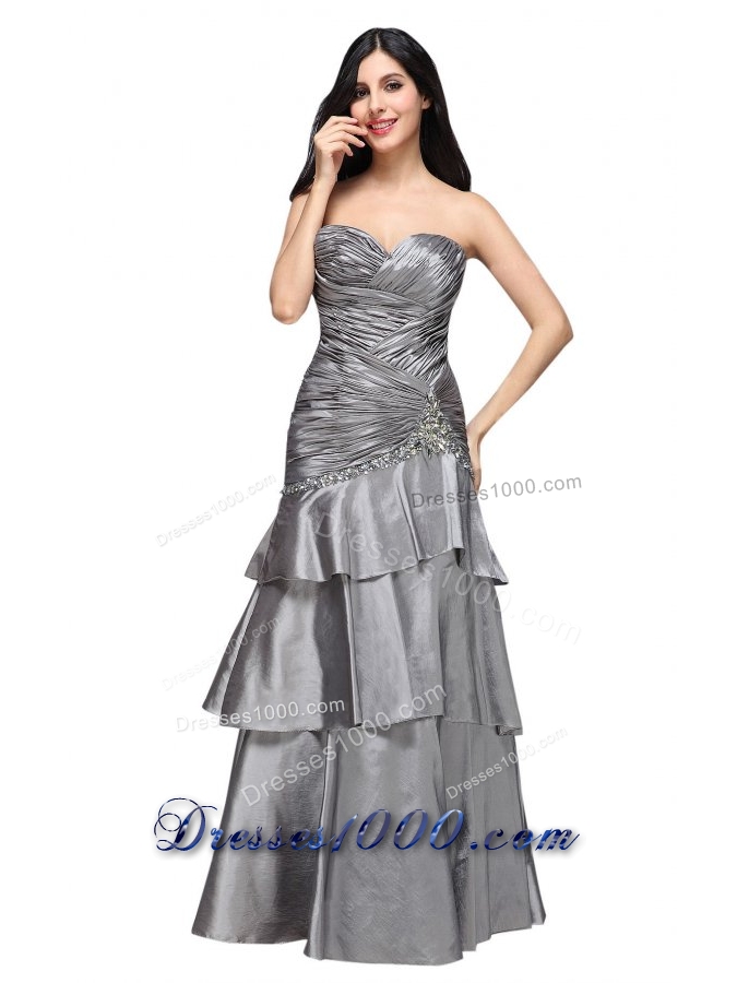 Gray Sweetheart Appliques and Ruche Ruffled Layers Prom Dress