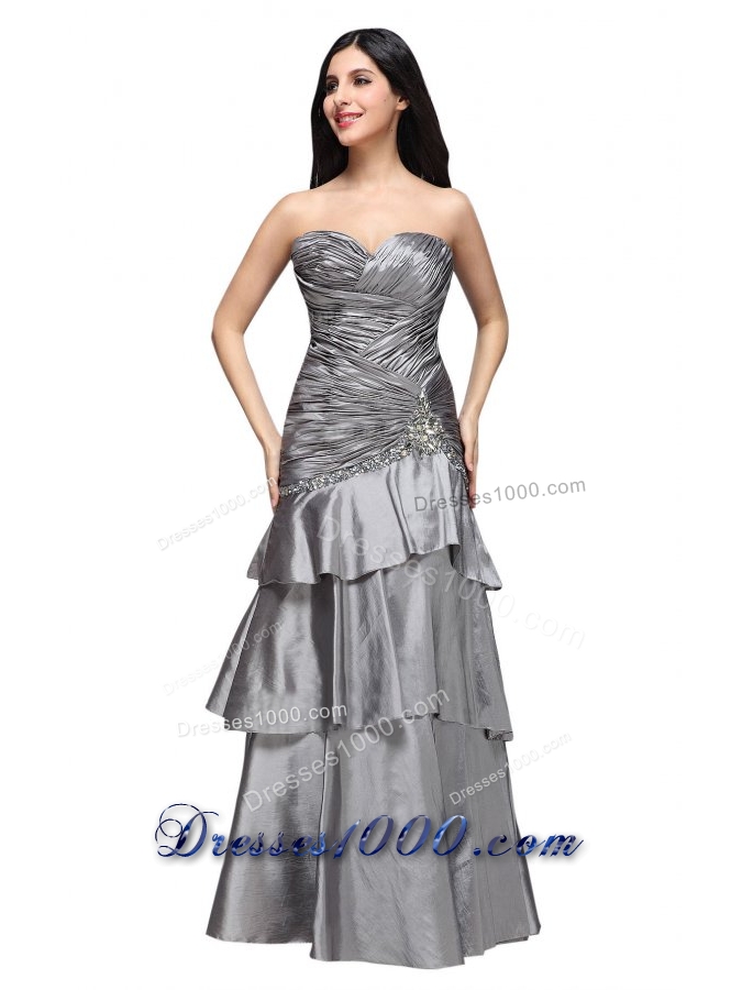 Gray Sweetheart Appliques and Ruche Ruffled Layers Prom Dress