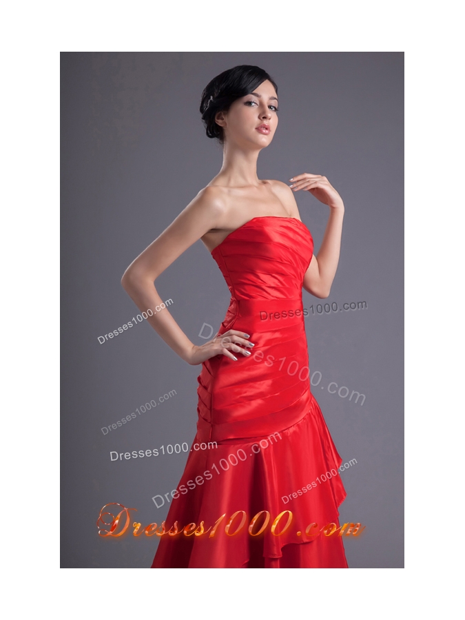 Asymmetrical Red Strapless Dance Dress with Ruches and Layers