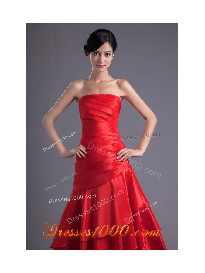 Asymmetrical Red Strapless Dance Dress with Ruches and Layers