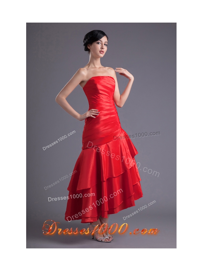 Asymmetrical Red Strapless Dance Dress with Ruches and Layers
