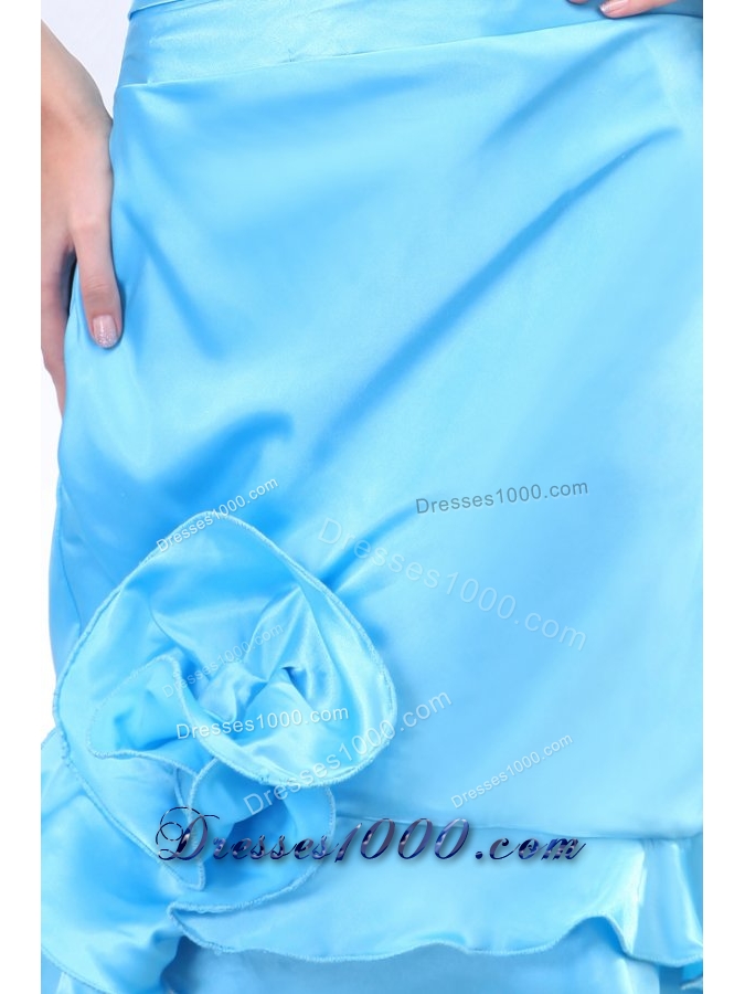 Baby Blue Halter Top Ruching Hand Made Flowers Prom Gown Dress
