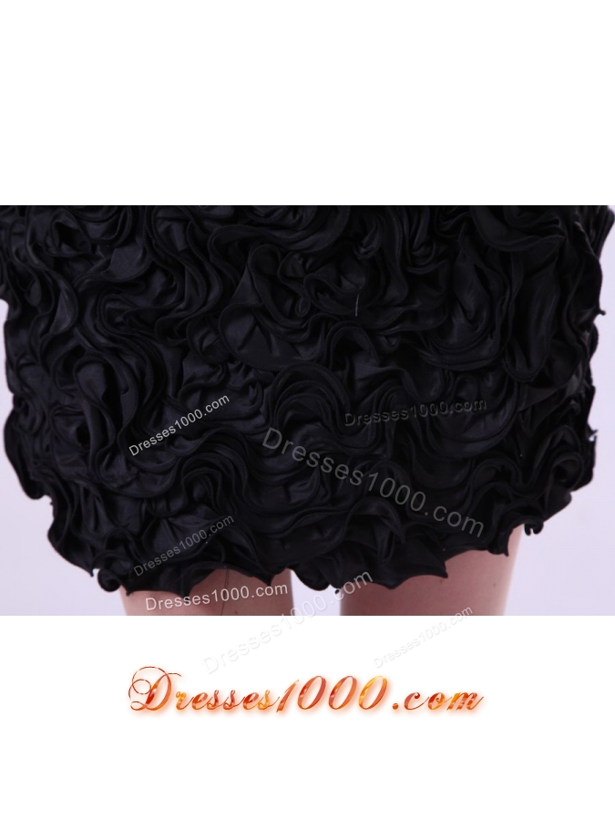 One Shoulder strap Black Short Prom Dress with Rolling Flower