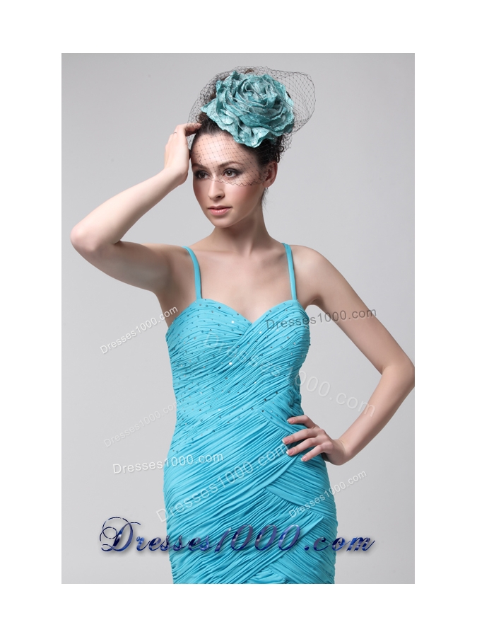 Blue Knee Length Prom Dress with Ruches and Straps