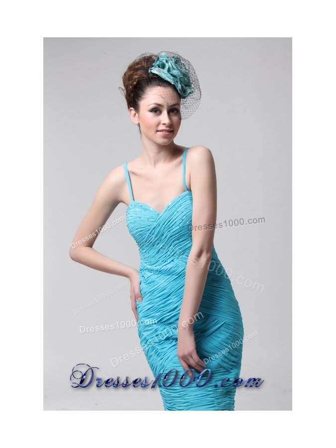 Blue Knee Length Prom Dress with Ruches and Straps