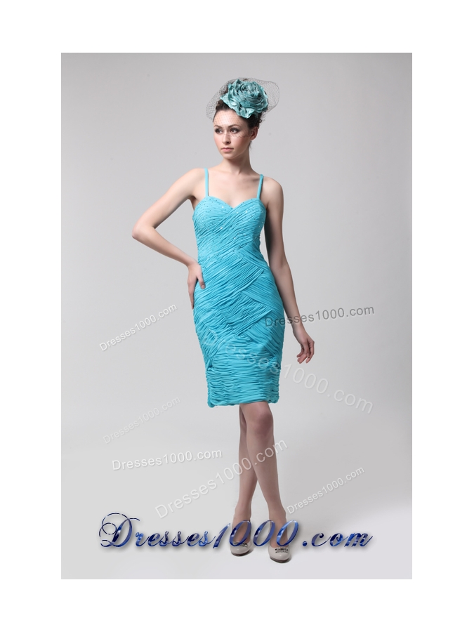 Blue Knee Length Prom Dress with Ruches and Straps