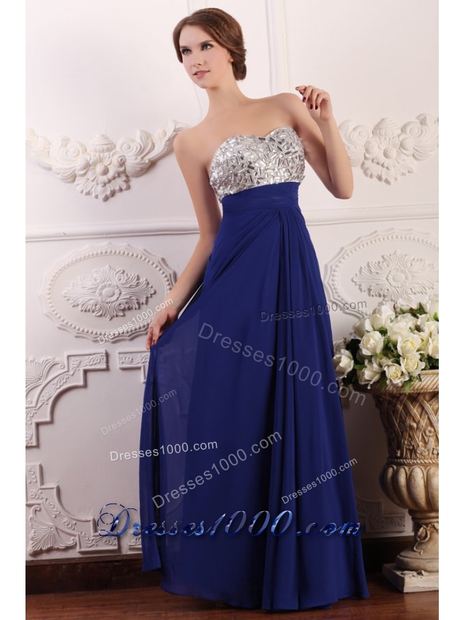 Chic Sweetheart Empire Chiffon Beaded Brust Prom Gown Dress in Blue