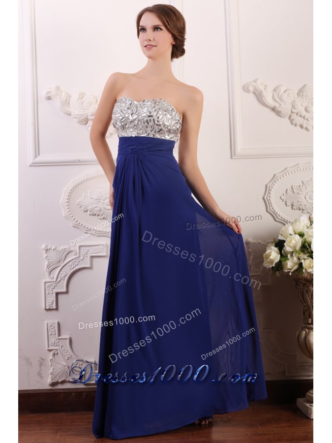Chic Sweetheart Empire Chiffon Beaded Brust Prom Gown Dress in Blue