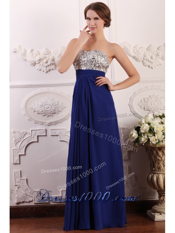 Chic Sweetheart Empire Chiffon Beaded Brust Prom Gown Dress in Blue