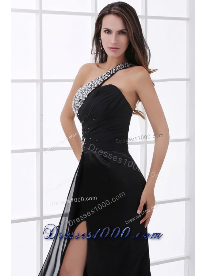 Beading Decorate One Shoulder Black Prom Dress with Slit