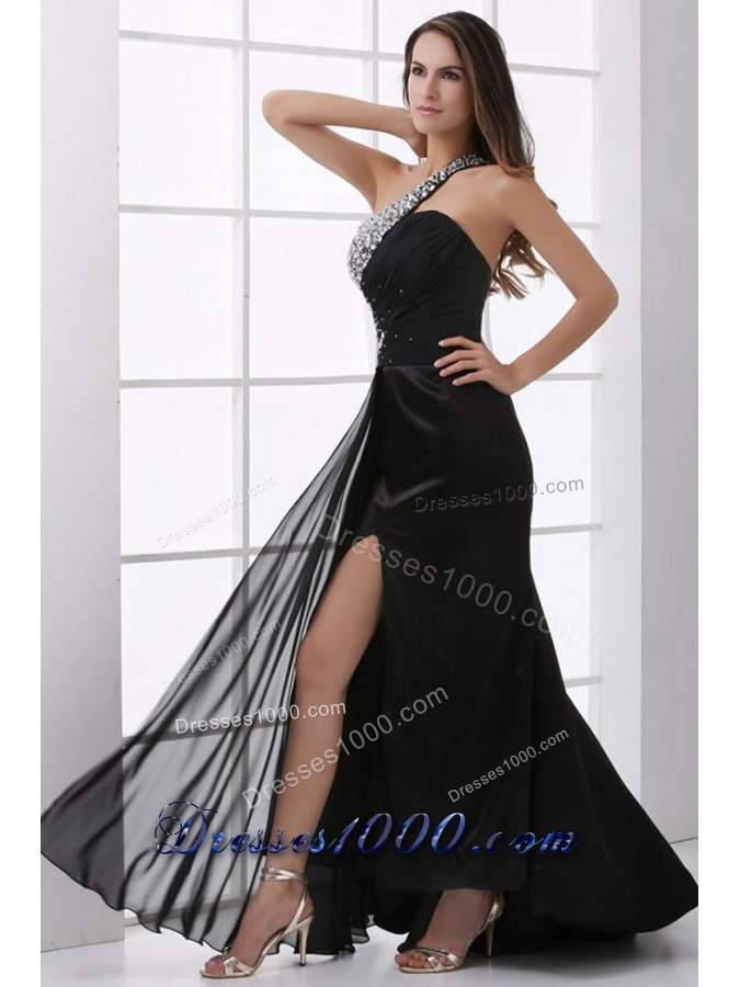 Beading Decorate One Shoulder Black Prom Dress with Slit