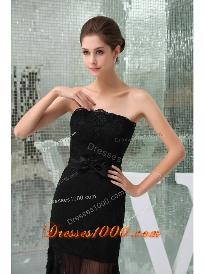 Beautiful Black Mermaid Strapless Prom Dress with Lace and Bowknot