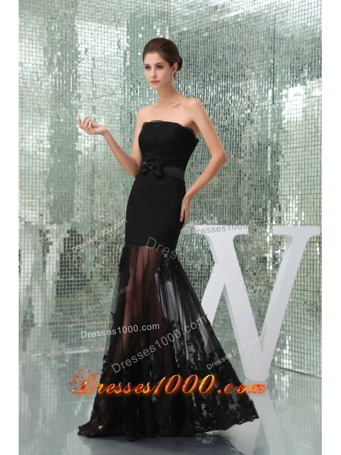 Beautiful Black Mermaid Strapless Prom Dress with Lace and Bowknot