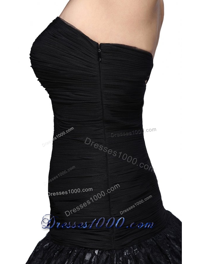 Column Black Strapless Ruching Ruffled Layers Mini-length Prom Dress