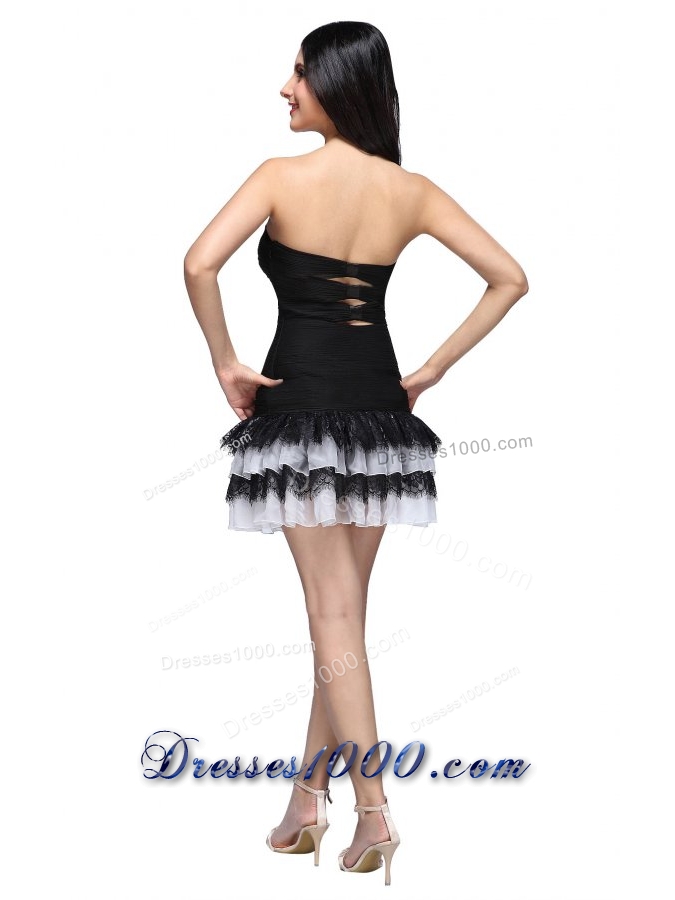 Column Black Strapless Ruching Ruffled Layers Mini-length Prom Dress