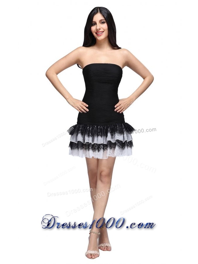 Column Black Strapless Ruching Ruffled Layers Mini-length Prom Dress