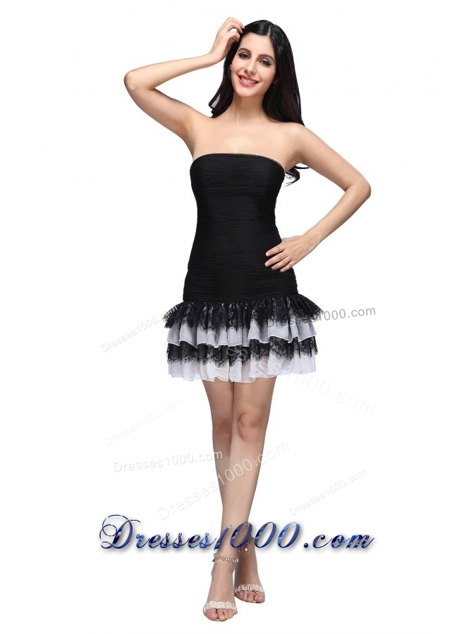 Column Black Strapless Ruching Ruffled Layers Mini-length Prom Dress